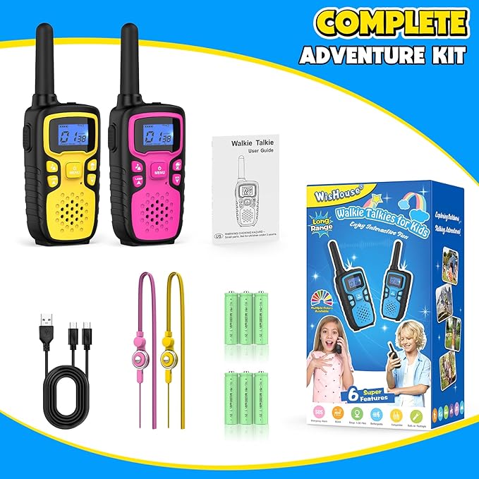 Wishouse Walkie Talkies for Kids Rechargeable Long Range,Xmas Birthday Gift for 4 5 6 7 8 9 Year Old Boys Girls,Hiking Gear Camping Games Cool Toys with NOAA,SOS Siren,Lamp,Lanyards,2 Pack Pink Yellow