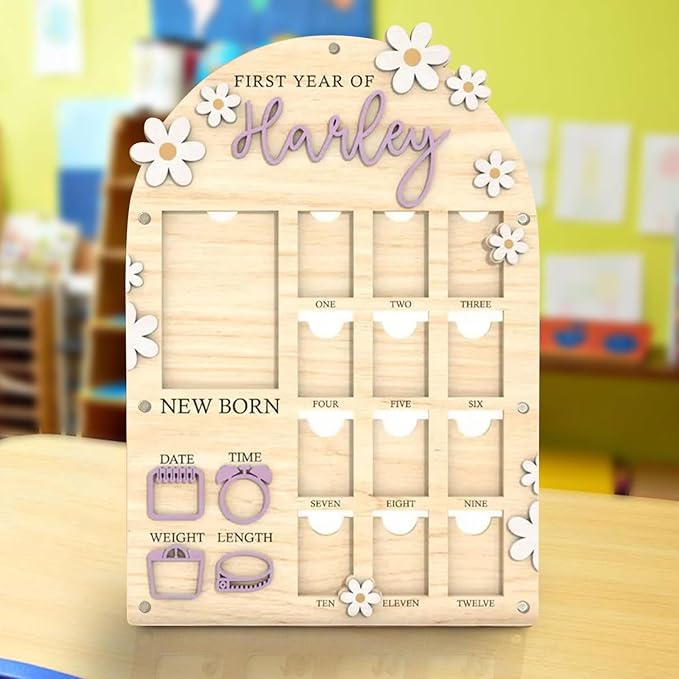 Personalized My First Year Photo Frame | 12 Months Picture Frame For Baby First Year | Displays One 4x6 Photo and Twelve 2x3 Pictures | Birthday Party Decor Newborn Memory Keepsake, Daisy Florals