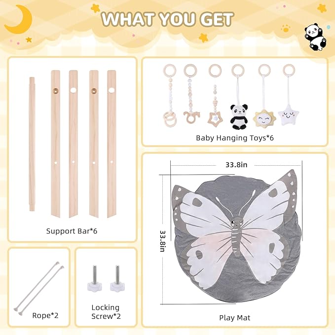 Wooden Baby Play Gym with Mat, Foldable Baby Activity Gyms with 6 Sensory Hanging Panda Toys, Tummy Time Baby Infant Toys (Butterfly)