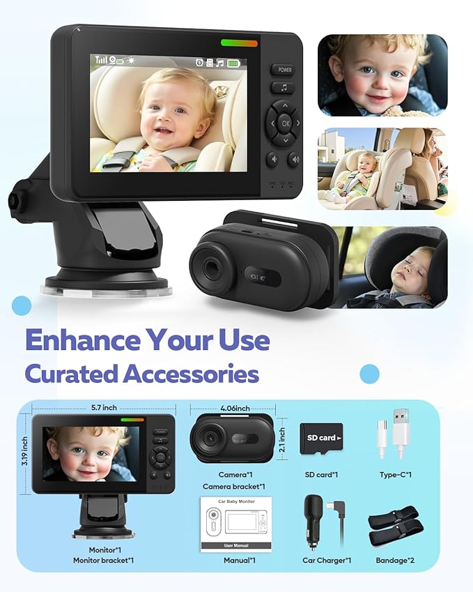 Wireless Baby Car Camera with 1080P Advanced Night Vision and 32H Battery, No Wi-Fi Needed Easy Setup Car Baby Monitor with Video Recording Adjustable Angle, Newborns Travel Essentials Gifts