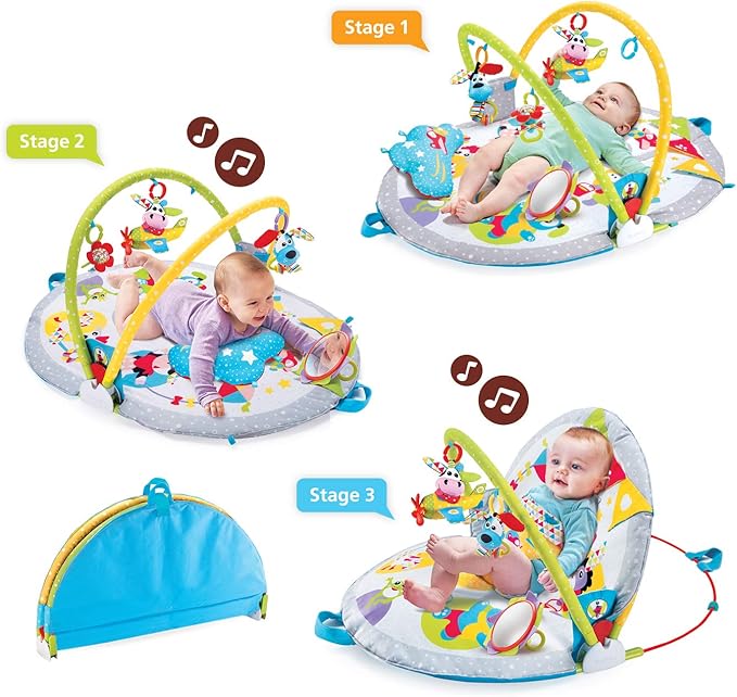 Yookidoo Baby Gym Lay to Sit-Up Playmat. 3-in-1 Newborns Activity Center with Tummy Time Toys, Pillow & Infant Miror. 0-12 Month