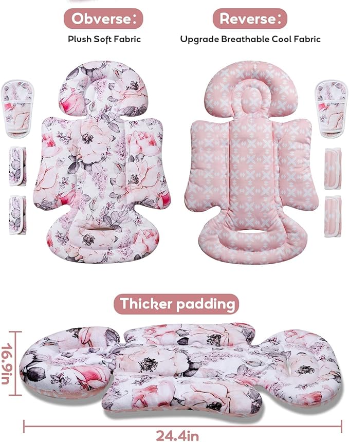 Infant Car Seat Insert, Enlarged Head Support for Baby Carseat, Reversible Newborn Insert with 3 Strap Covers, 2-in-1 Baby Car Seat Cushion for Stroller, Swing, Bouncer, Rocker - Pink Floral