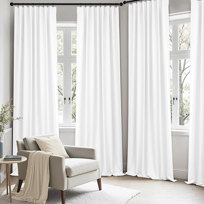 ANRODUO Back Tab Blackout Curtains for Bedroom Living Room, Rod Pocket Pinch Pleated Thermal Insulated Room Darkening Curtains 63 Inches Long 2 Panels, White, 42 x 63 Inch