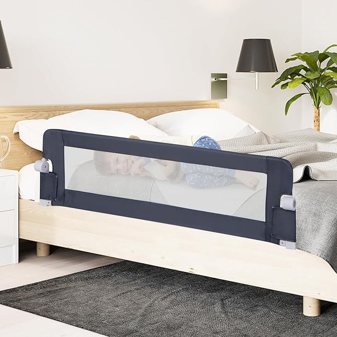 BABY JOY Double Sided Bed Rail Guard, 2 Pack, Extra Long, Swing Down for Convertible Crib, Folding Baby Safety Bedrail for Kids Twin Full Size Queen King Mattress, Rails for Toddlers (Dark Blue, 60")