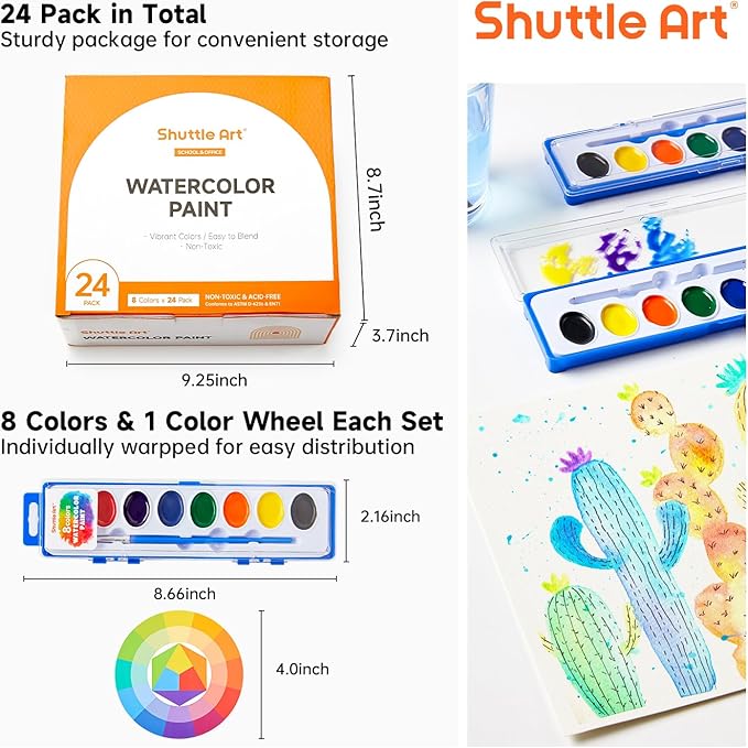 Shuttle Art 8 Colors Watercolor Paint Set, 24 Pack with Paint Brushes & Color Wheels, Washable for Kids & Adults, Suitable for Classroom, Parties, Kindergarten & Art Activities