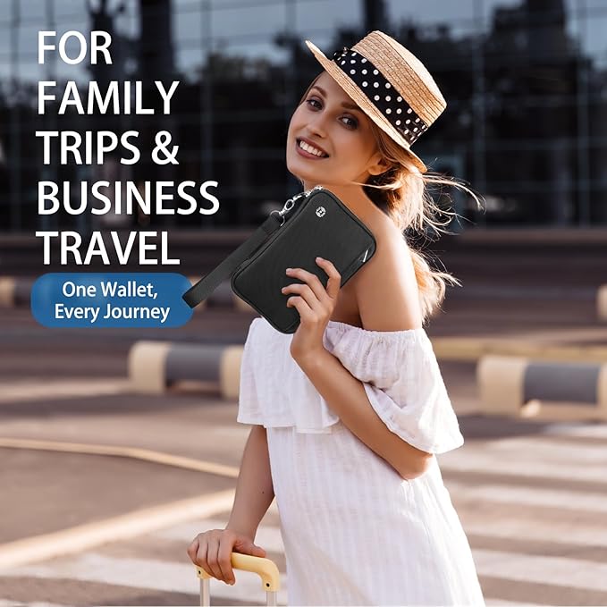 WALNEW Passport Holder for Travel Family, RFID-Blocking Travel Wallet Holder for 6 Passports, Water Resistant Bag Document Organizer for Cards, Cash, Boarding Passes, Tickets (Black)