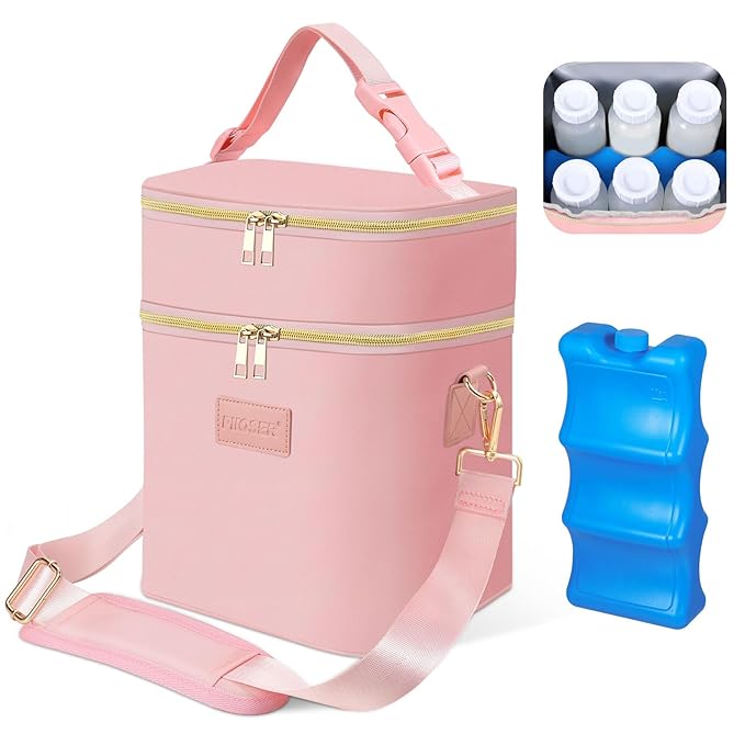 PIIOSER Breastmilk Cooler Bag with Ice Pack Fits 6 Baby Bottles Up to 9 Ounce, Insulated Baby Bottle Tote Bags, Double Layer Waterproof Leak-Proof with Shoulder Strap for Nursing & Working Mom (Pink)