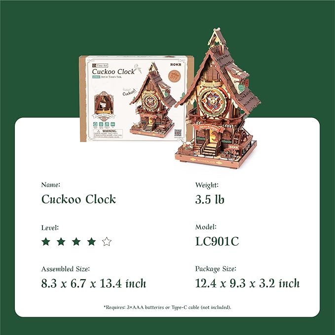 ROKR 3D Wooden Puzzles for Adults, Cuckoo Clock Model Kit, Room Home Decor DIY Watch Making Kit Functional Mechanical Building Toys, Hobbies Birthday Christmas Day Gifts for Men Women Kids 14+