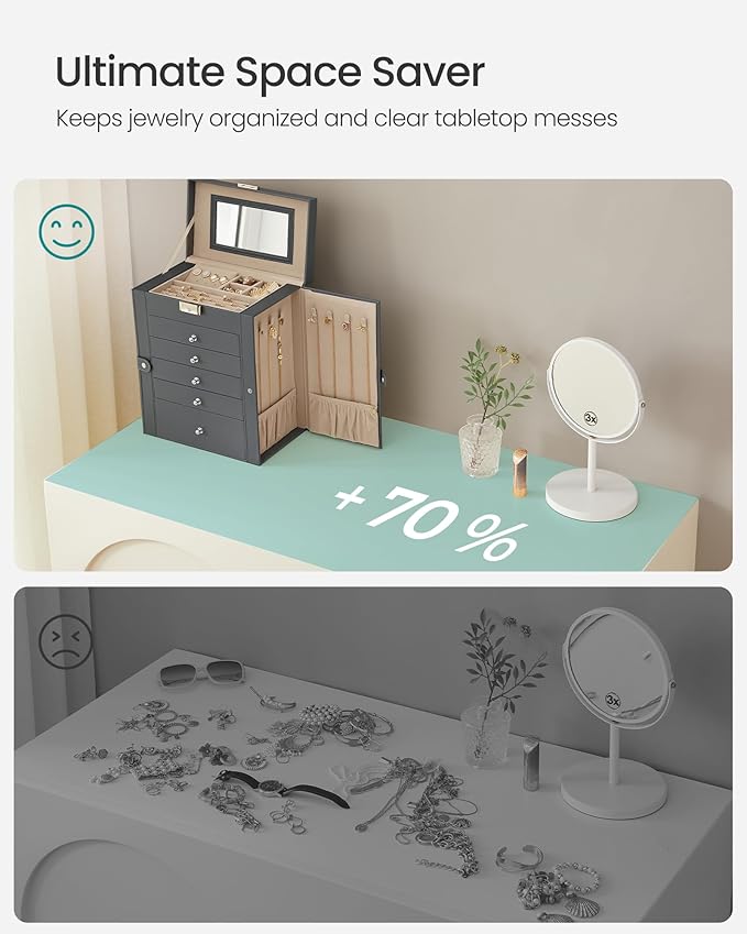 SONGMICS 6 Tier Jewelry Box, Jewelry Storage Organizer with 5 Drawers, Large Storage Capacity, with Mirror, Lockable, Jewelry Case, Gift for Loved Ones, For Watches, Gray UJBC152G01