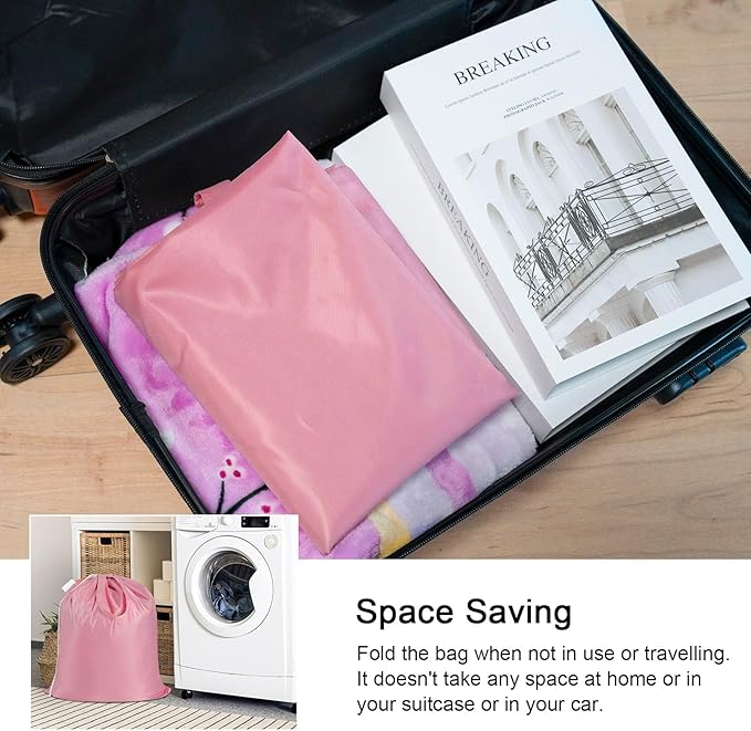 Polecasa Small Heavy Duty Laundry Bag with 130gsm Tear Resistant Fabric and Handles, Easy to Carry Durable Dirty Clothes Drawstring Bag, Perfect for College Dorm, Travel 21”x24”, Pink