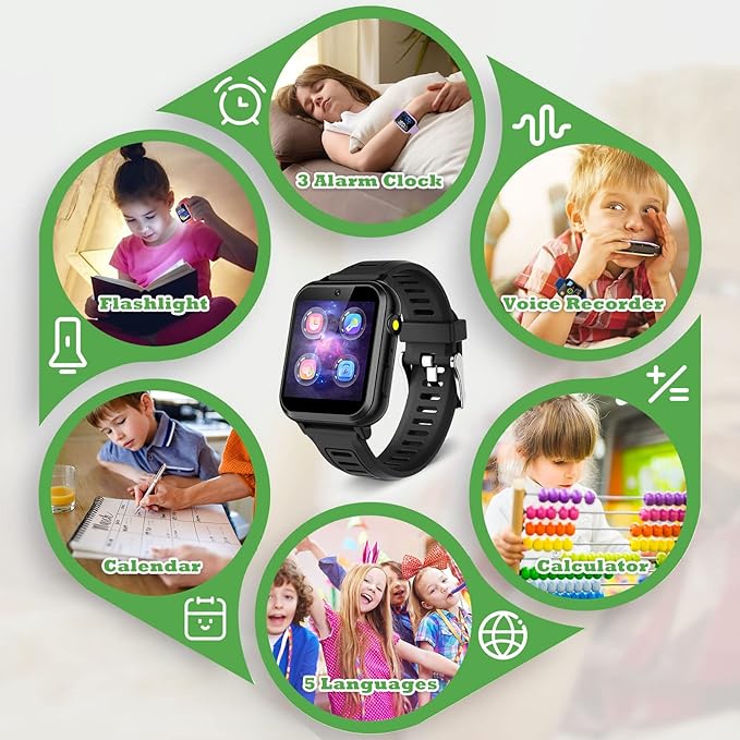 Smart Watch for Kids 4-12 Years Boys Girls,Smartwatch,Aluminum Case with Pink Sport Band,24 Games Camera Voice Music Video Player Recorder,Pedometer Flashlight, Birthday (Black)