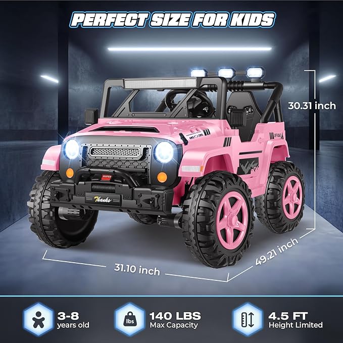Hikole 24V Ride on Toys for Kids - 4WD/2WD Switchable 2 Seater Kids Electric Car with 4x200W Motors, Remote Control, 3 Speeds, LED Lights, MP3 Player, Safety Belt, Gift for Girls, Pink