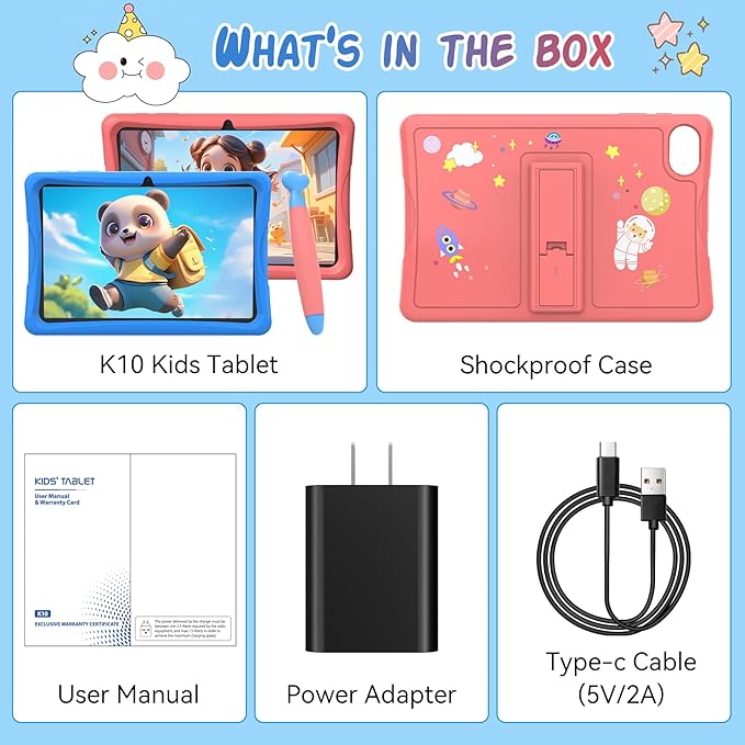 Kids Tablet 10 inch, Android 15 Kids Tablets, Parental Control, Pre-Installed Kiddos Software & Kids Space, Includes Case & Stylus Pen, 12GB RAM 64GB ROM, 2TB Expand, HD IPS Screen(Pink)