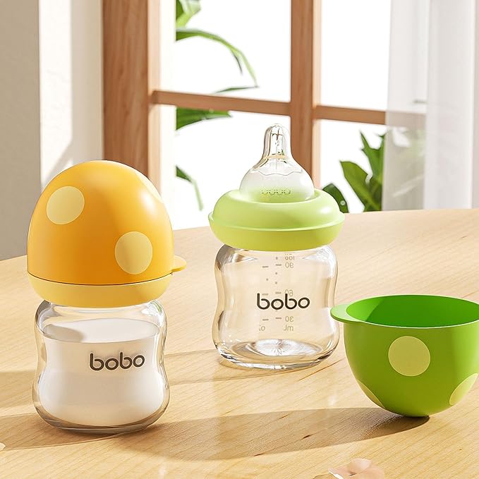 YOHKOH Natural Glass Baby Bottle with Natural Response Nipple, Newborn Anti-Colic Baby Bottles, Wide Neck Mushroom Cap Baby Bottle, Clear (Yellow, 3.4oz (Pack of 2))