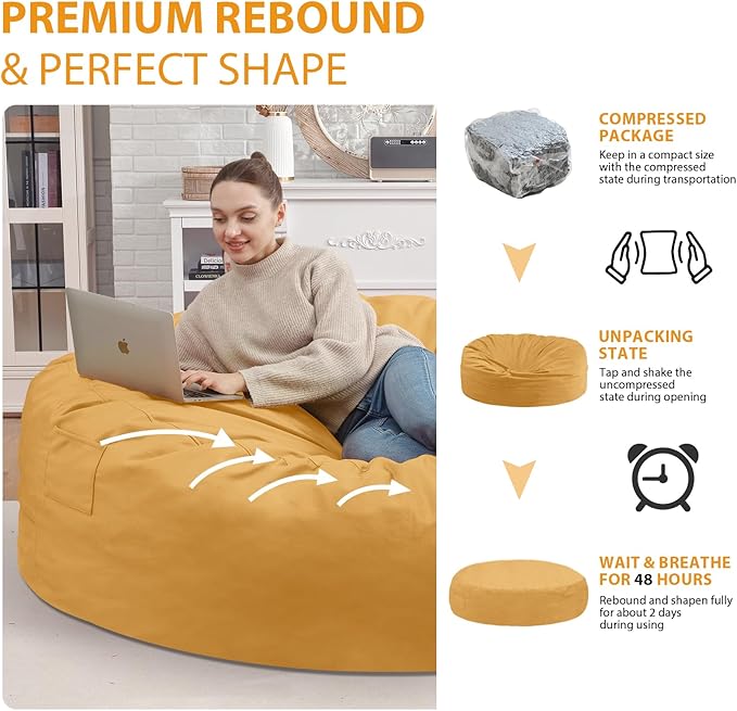 7FT Bean Bag Chair, Large Bean Bag Chairs with Memory Foam Filled, Fluffy Beanbag Sofa with Dutch Velvet Cover, Round BeanBag Chairs for Living Room, Playroom - Mustard