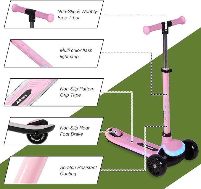 3-Wheel Light-Up Kids Scooter, 20 Different Light Patterns,Three Adjustable Heights,Lean to Steer, Balance Scooter for Ages 3-8