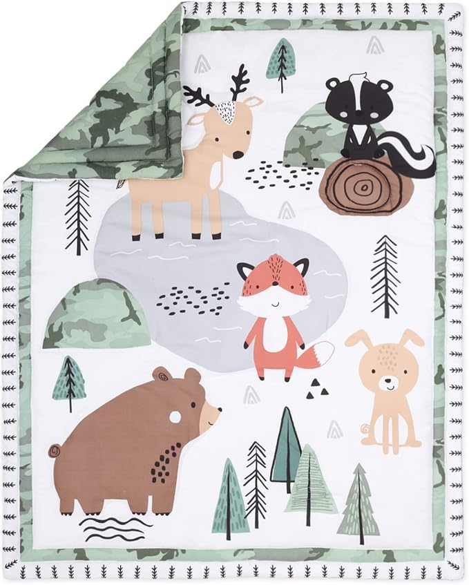 The Peanutshell 3 Piece Baby Crib Bedding Set for Boys - Newborn, Infant & Toddler Nursery Bed Set Decor with Fitted Crib Sheet, Dust Ruffle Comforter - Woodland Camo