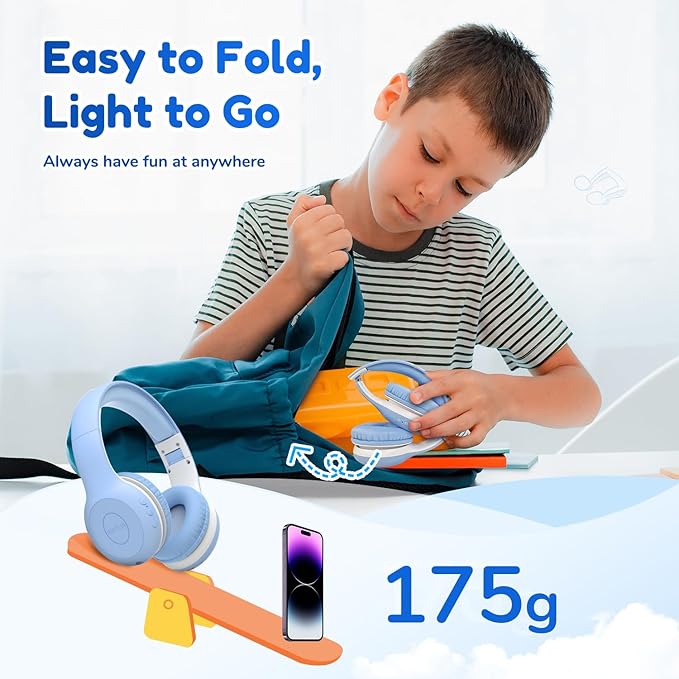 EarFun K2 Kids Bluetooth Headphones, Kids Headphones with Volume Limited, 40H Playtime, Built-in Mic, Stereo Sound, Foldable Over-Ear Headphone for School/Travel/iPad/Tablet, Sky Blue