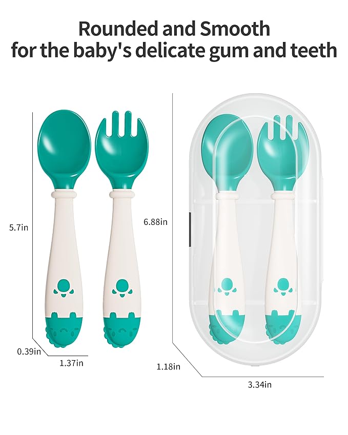 Deejoy Toddler Utensils, Self-feeding Flatware Set withTravel Case, Baby Spoons and Forks with Silicone Bendable Handle, Easy Grip Heat-Resistant, Ideal for Kids, Stage 2 (Green)