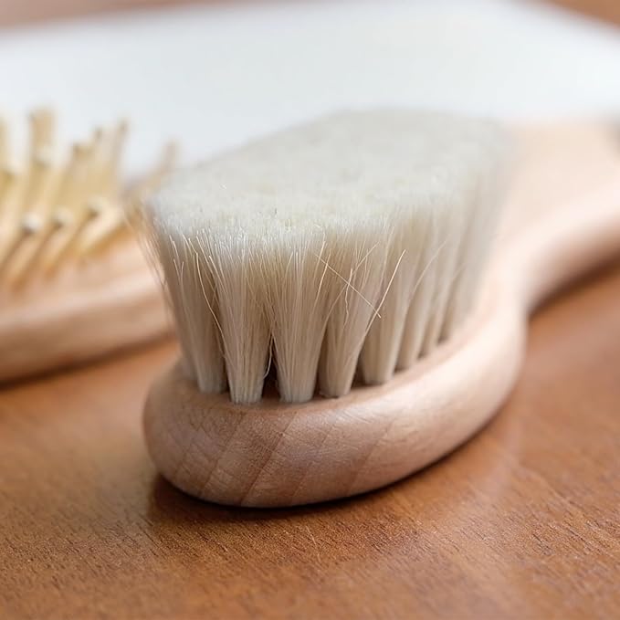 Premium Baby Hair Brush Set – Natural Goat Hair & Bamboo Bristle Brushes, Beechwood Comb, Cotton Pouch – Gentle Scalp Care for Newborns & Toddlers, Gift-Ready & Eco-Friendly