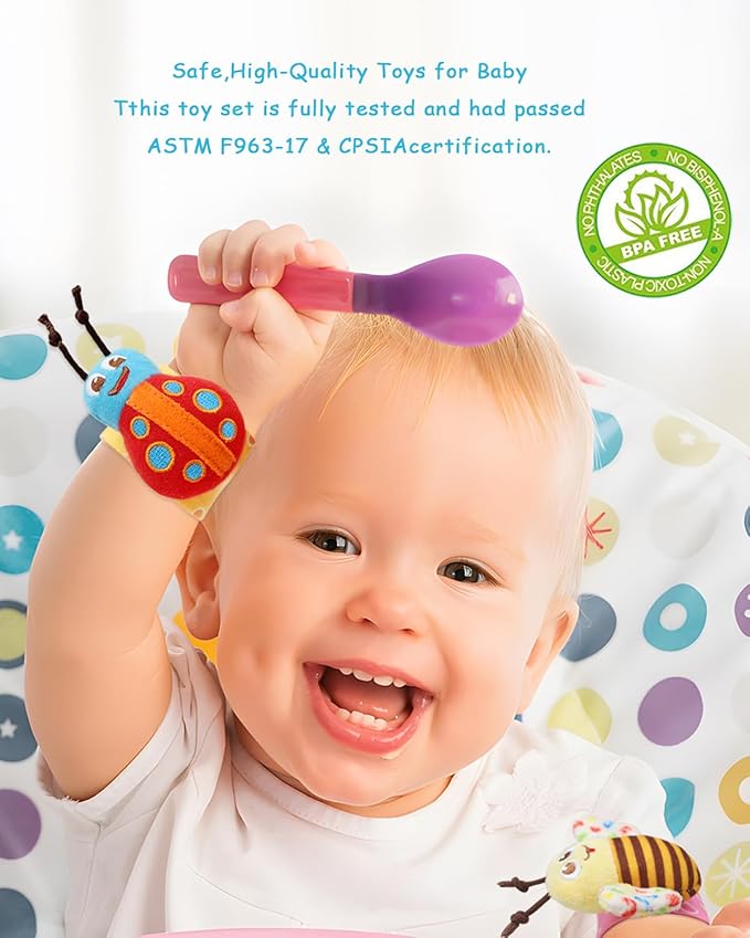 Wrist Rattles Foot Finder Rattle Toy for 0-6 Months Baby, Feet Leg Ankle Socks Arm Hand Bracelet Shaker for 6-12 Months Infant boy & Girl, Gift Set for 0-3 Years Newborn Babies (5 pcs-F)