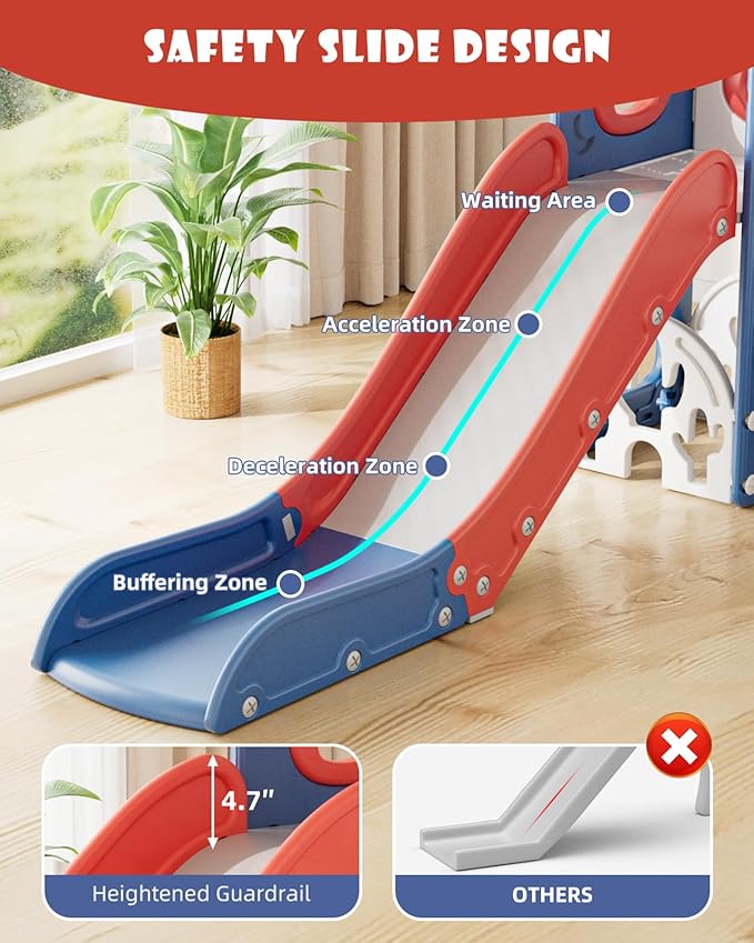 XJD 7 in 1 Toddler Slide, Kids Indoor Slide for Toddlers 12-36 Months, New Upgrade with Golf, Basketball Hoop for Indoor Outdoor Playset,Toddler Playground (Blue Red)