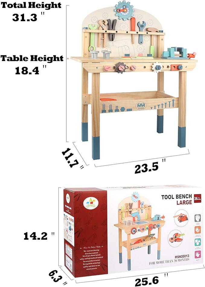 Tool Bench for Kids Toy Play Workbench Wooden Tool Bench Workshop Workbench with Tools Set Wooden Construction Bench Toy for 3 4 5 Year Boys Girls
