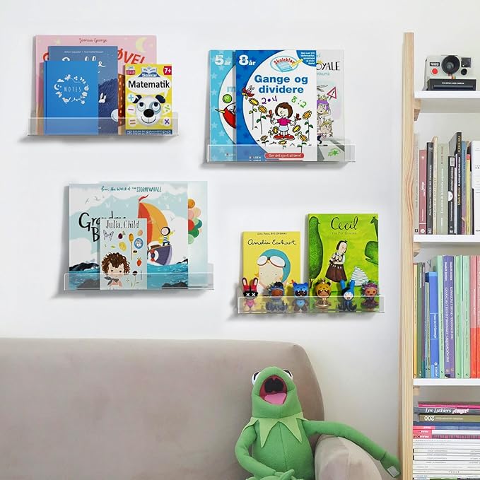 NIUBEE 16.5-Inch Acrylic Floating Bookshelves, 4-Pack, Clear Modern Wall Shelves for Child/Toddler, Invisible Ledge Book Shelves for Multi-Layer or Multi-Room Storage in Kids’ Rooms and Family Spaces