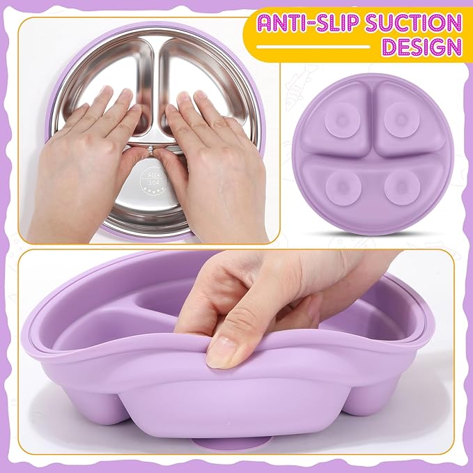 Nuogo 1 Pcs Stainless Steel Baby Suction Plates with Removable Silicone Shell 2-in-1 Metal Toddler Bowl Divided for Picky Eaters Kid Feeding Led Weaning Supply, Dishwasher Safe (Purple)