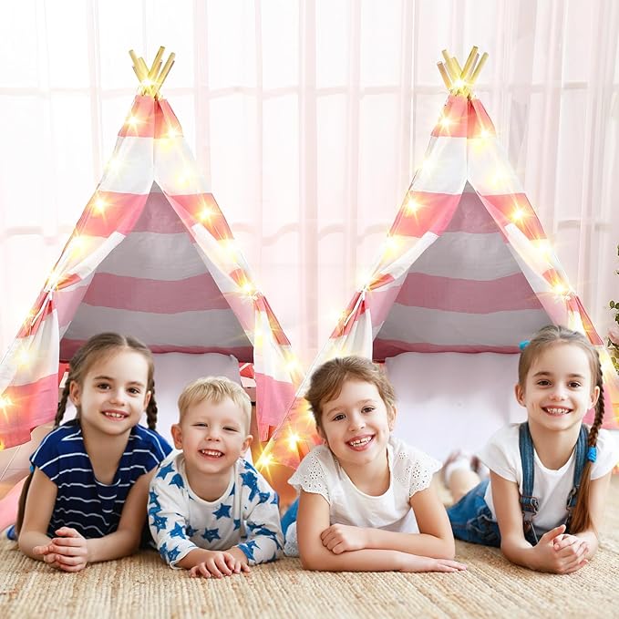 6 Pack Sleepovers Teepee Tent for Kids Bulk with Mattress Sheet Light,Natural Cotton Washable Indoor Play Tent for Birthday Slumber Party Girls Boys Pajama Movie Night Supplies(Pink, White)
