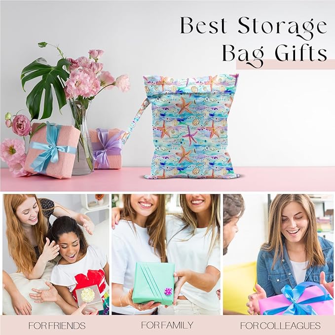 Wet Bag for Swimsuit, Beach Travel Essentials Wet Dry Bag, for Sunscreen Toiletry Dirty Clothes Yoga Gym Diaper, Friends Summer Beach Vacation Gifts. Starfish and jellyfish