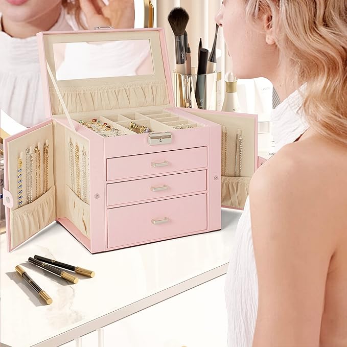 AKOZLIN 4-Tier Jewelry Box Lockable Leather Jewelry Storage Case Organizer with 3 Drawers for Women Girls Ring Necklace Earring Bracelet Watches Holder with Mirror Pink