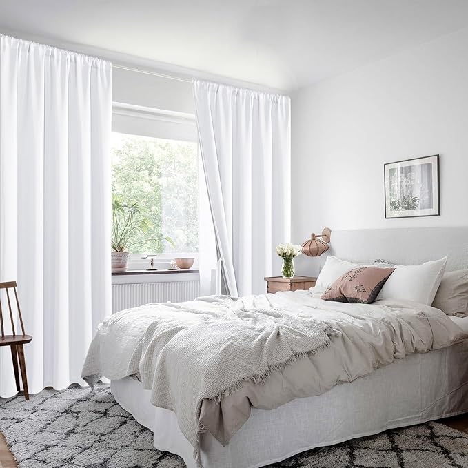 XWZO 100% Blackout Curtain 84 Inches Length 2 Panels Set - Extra Wide Rod Pocket Thermal Insulated, Noise Reducing & Heat Blocking Drapes for Bedroom with Tiebacks, White, W70 x L84, 2 Pieces