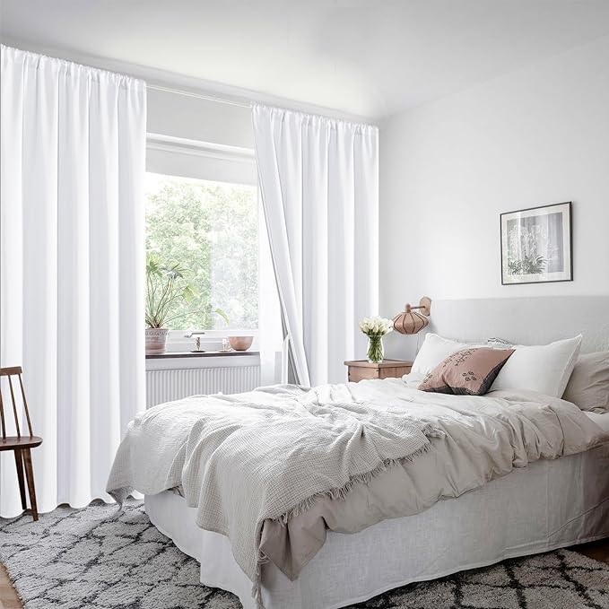 XWZO White Blackout Curtains with Tiebacks - Heat and Full Light Blocking Rod Pocket Window Panels for Bedroom/Nursery, 84 Inches Long Thermal Insulated Draperies, White, W38 x L84, Set of 2