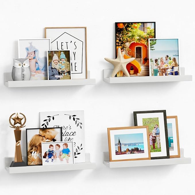 Forbena Nursery Book Shelves for Wall Set of 4, Wood Floating Kids Bookshelf for Nursery Boy Girl, Small Corner Wall Mounted Book Shelf for Baby Room, Toddler Child Bedroom Toy Decor Storage (White)