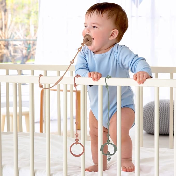 Toy Safety Straps, Silicone Pacifier Clips, Adjustable Stretchable Sippy Cup Straps for Strollers, High Chair, Cribs, Hanging Baskets, Car Seat, Shopping Trolley, 2 Pack (Muted+Apricot)