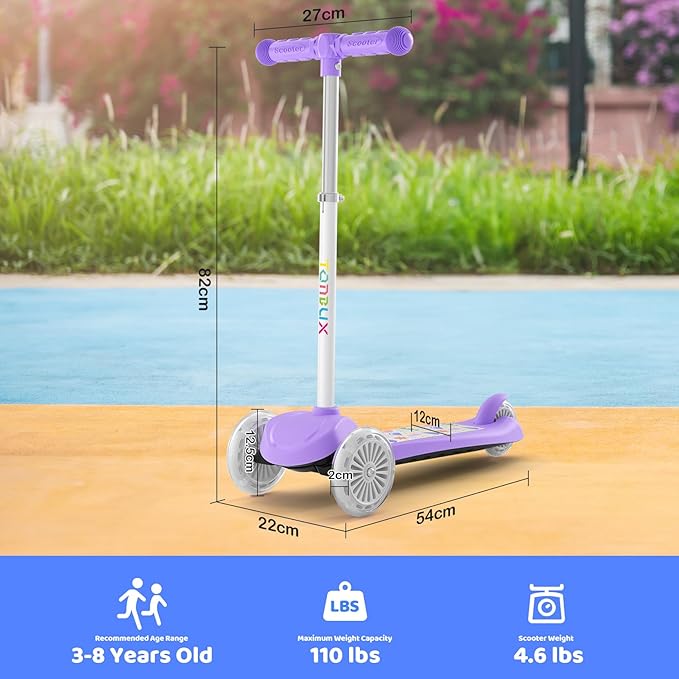 TONBUX Kids Scooter for Ages 3-5, Toddler Scooter with Light-Up Deck and Wheels, Adjustable 4-Level Height 3-Wheel Scooter for Kids, Lean-to-Steer Design