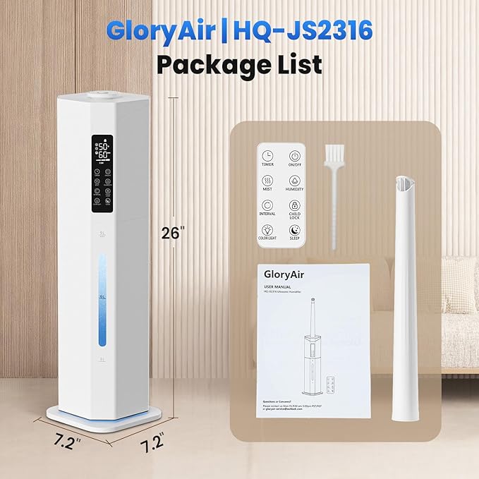 Humidifiers for Bedroom - GloryAir 2.38Gal/9L Top Fill Cool Mist Humidifier for Large Room 500ftΒ² 120H Last with Auto Mode 7-Color Light Humidistat Aroma Box Quiet Humidifiers for Plants Baby & Adults