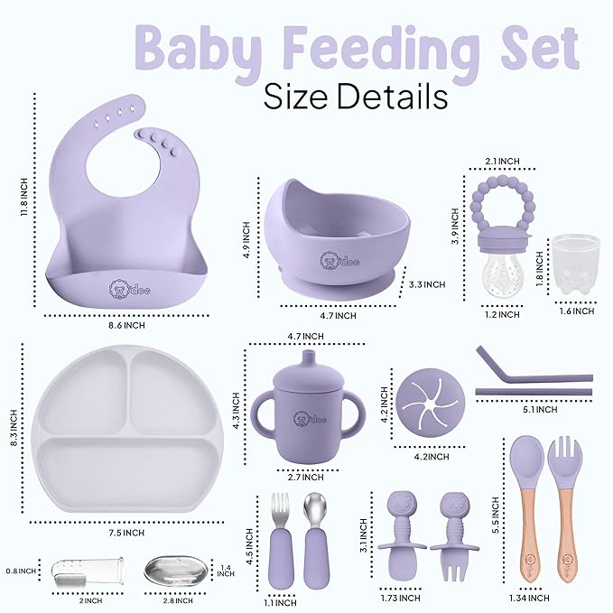 O'doe 17-Piece BPA-Free Silicone Baby Feeding Set | Thick & Soft Suction Plates, Baby Bowls, Wooden Fork & Spoon, and More | Make Mealtime Fun and Easy for Your Little One (Purple, V2)