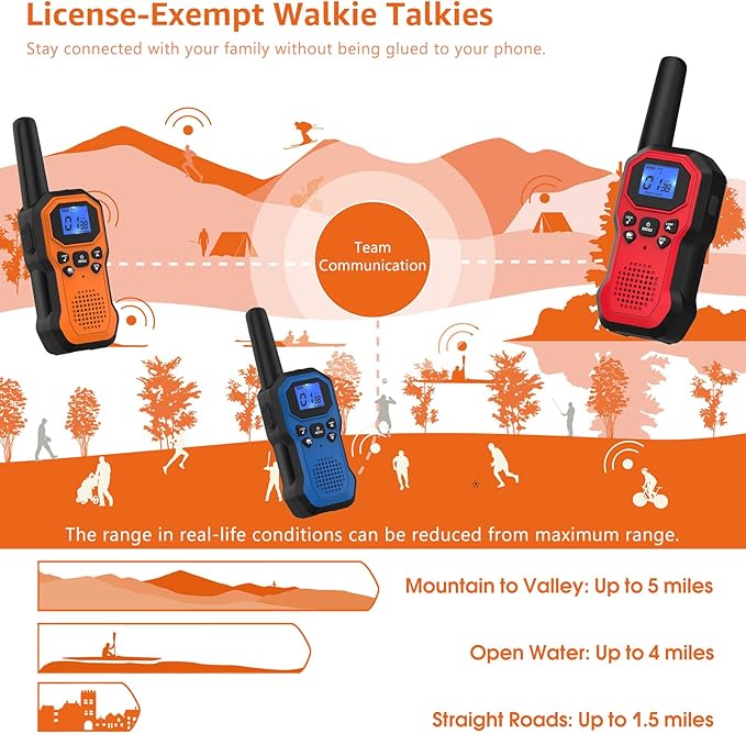 Walkie Talkies for Adults Long Range 2 Way Radios for Kids Rechargeable 4 Pack, Hiking Camping Skiing Cruising Gear with Lamp, USB-C, SOS Siren, NOAA Alert, iVOX Hands-Free, One-Touch Pairing