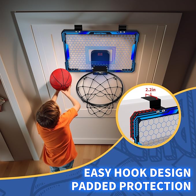 Basketball Hoop Indoor, Mini Basket Ball Hoop with 7 LED Lighting, Scoreboard, Over Door Basketball Hoop with 3 Modes, Volume Adjustable, Foldable, Basketball Toys Gifts for Kids Adults (Blue)