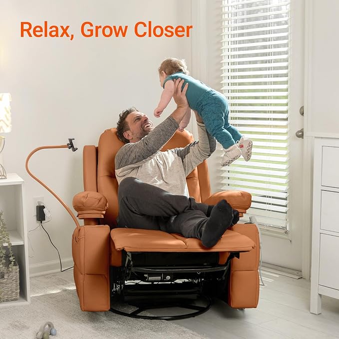 Rocking Chair Nursery with Adjustable Armrests, Electric Glider Recliner Nursing Chair for Breastfeeding, Power Swivel Recliner Chairs with USB Port and Storage, FSC Certified (Mocha)