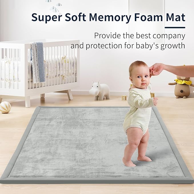 ACOMOPACK Baby Play Mat for Floor 1.3" Thick Memory Foam Play Mat 79"×157 Tummy Time Crawling with Non-Slip Bottom for Living Room,Nursery,Soft Velvet Playpen Mats for Kids,Infants(Light Grey)
