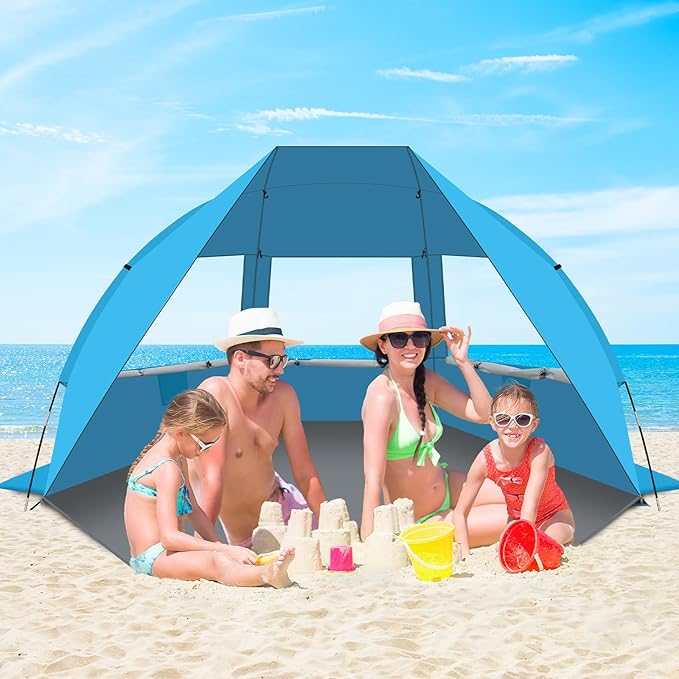 Gorich Portable Beach Tent for 3/4-5/6-7 Person with UPF 50+ UV Protection, Lightweight & Foldable Sun Shelter with 5 Sand Bags, Easy Setup Windproof Beach Umbrella Sun Shade