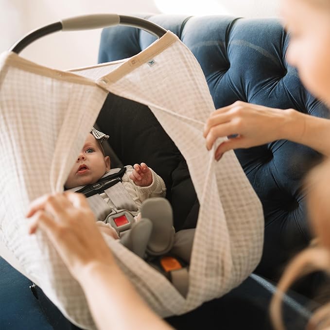 Little Unicorn Breathable Car Seat Canopy | Magnetic Closure Cover & Universal Fit | Protection & Privacy for Baby (Tan Gingham)