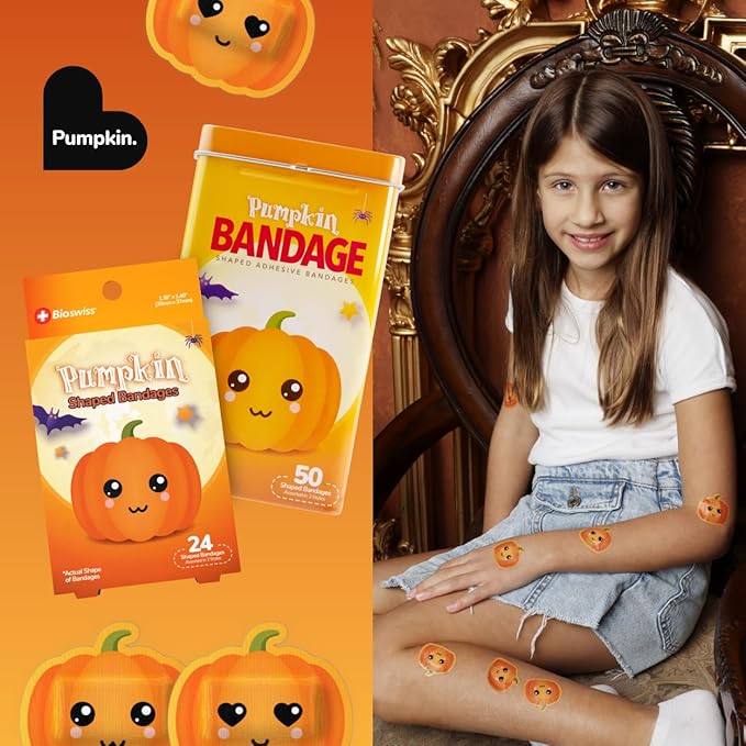BioSwiss Bandages, Halloween Pumpkin Shaped Self Adhesive Bandage, Latex Free Sterile Wound Care, Fun First Aid Kit Supplies for Kids, 50 Count