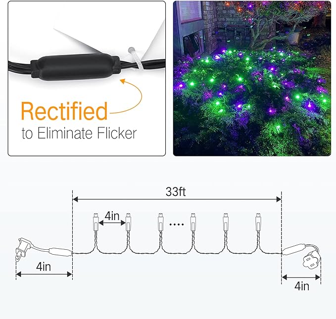 Brizled Purple & Green Halloween Lights, 33ft 100 LED Halloween String Lights 5mm Wide Angle String Lights, 120V UL Certified Connectable Halloween Lights Outdoor for Party Halloween Decor, Black Wire