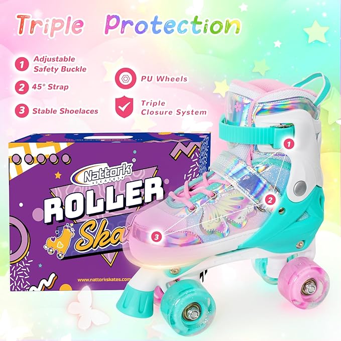Nattork Kids Roller Skates for Girls Boys Kids, 4 Sizes Adjustable Quad Skates Butterfly and Flower with All Light up Wheels - Birthday Gift for Indoor Outdoor Sports