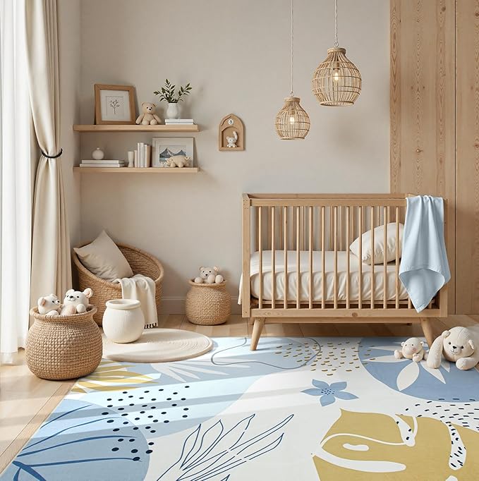 Lahome 9x12 Rugs for Living Room, Washable Non-Slip Ultra-Thin Larege Area Rug for Dining Room Table, Boho Botanical Print Indoor Soft Carpet for Bedroom Office, Blue