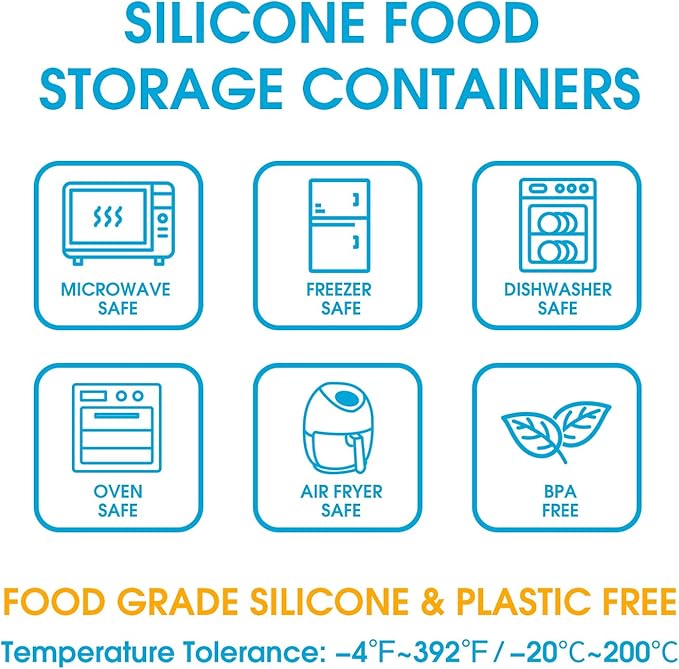 Nesting 100% Silicone Food Storage Containers with Lid & Measuring Line, 6 Pack, Leakproof Stackable Hard-Shell Silicone Containers for Food Lunch Snack, Microwave Oven Freezer Dishwasher Safe, Blue